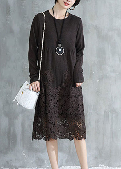 Coffee O Neck Wrinkled Lace Patchwork Knit Dress Fall