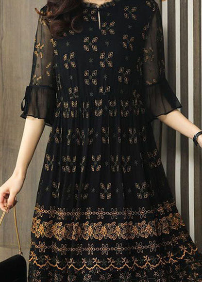 Simple Black Embroideried Patchwork Tulle Maxi Dresses Summer