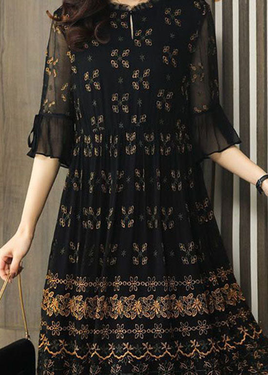 Simple Black Embroideried Patchwork Tulle Maxi Dresses Summer