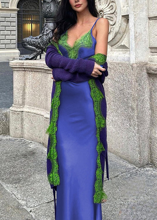 Blue V Neck Lace Patchwork Spaghetti Strap Dress Sleeveless
