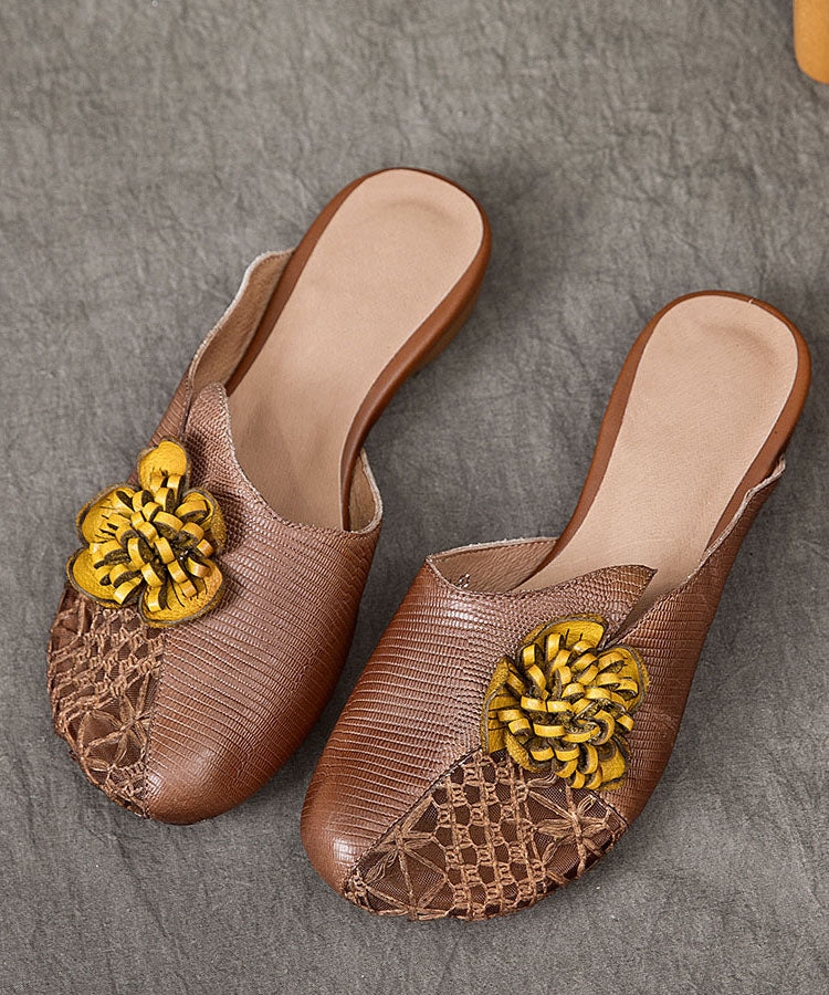 Coffee Cowhide Leather Splicing Slide Sandals
