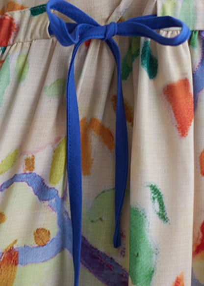 Apricot V Neck Tie Waist Print Pockets Cotton Cinch Dress Bracelet Sleeve