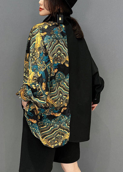 Diy Black Asymmetrical Patchwork Print Cotton Shirt Tops Batwing Sleeve