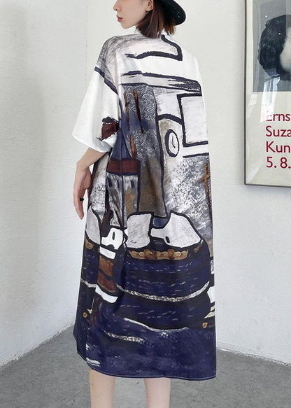 Diy Grey Graphic Peter Pan Collar Button Long Dress Summer
