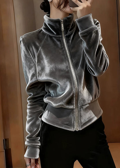 Modern Grey Stand Collar Zippered Silk Velvet Coat Fall