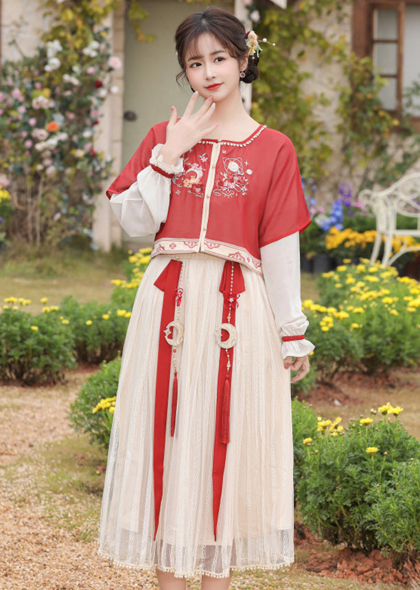Chinese Style Red Embroideried Tops and Pleated Skirt Chiffon Two Pieces Set Long Sleeve