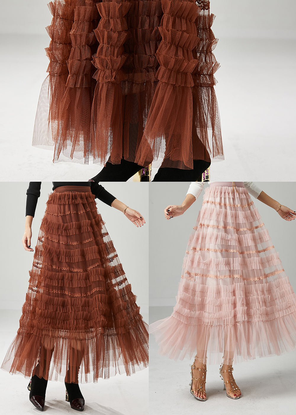 Chocolate Tulle a Line Skirts Ruffled Fall