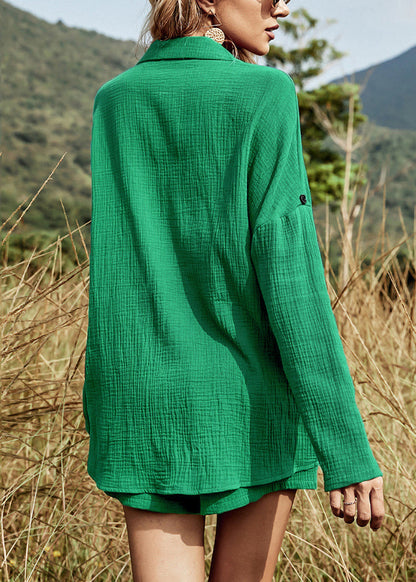 Tea Green Button Cotton Two Pieces Set Oversized Summer