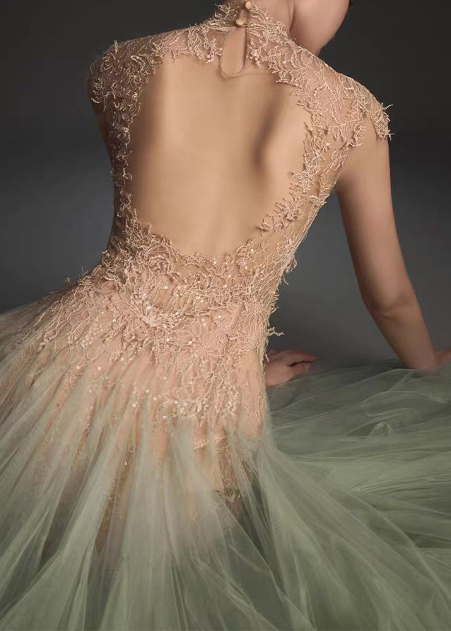 Green Backless Lace Patchwork Tulle Party Dress Summer