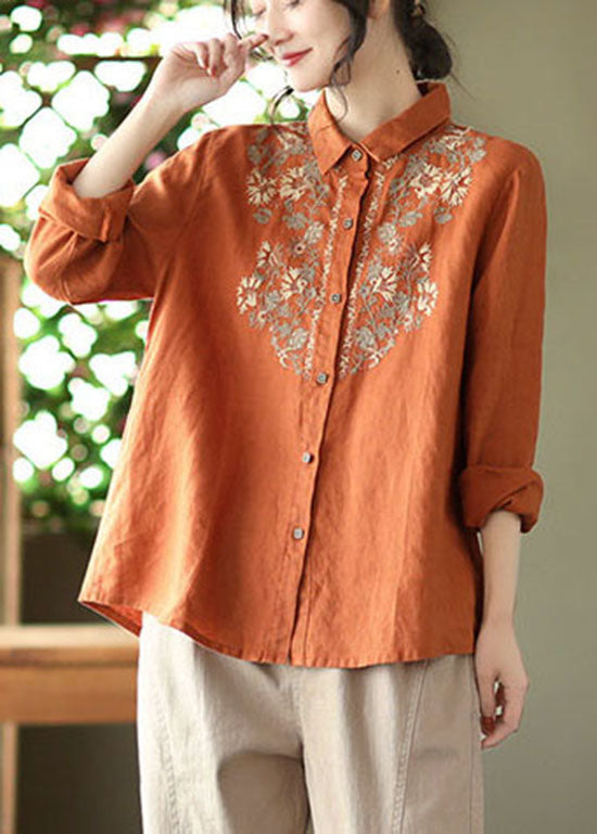 Orange Button Peter Pan Collar Embroideried Linen Blouses Spring