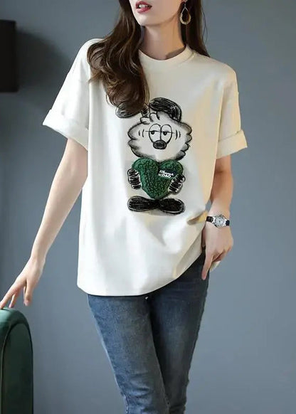 Grey O Neck Print Patchwork Cotton T Shirt Summer