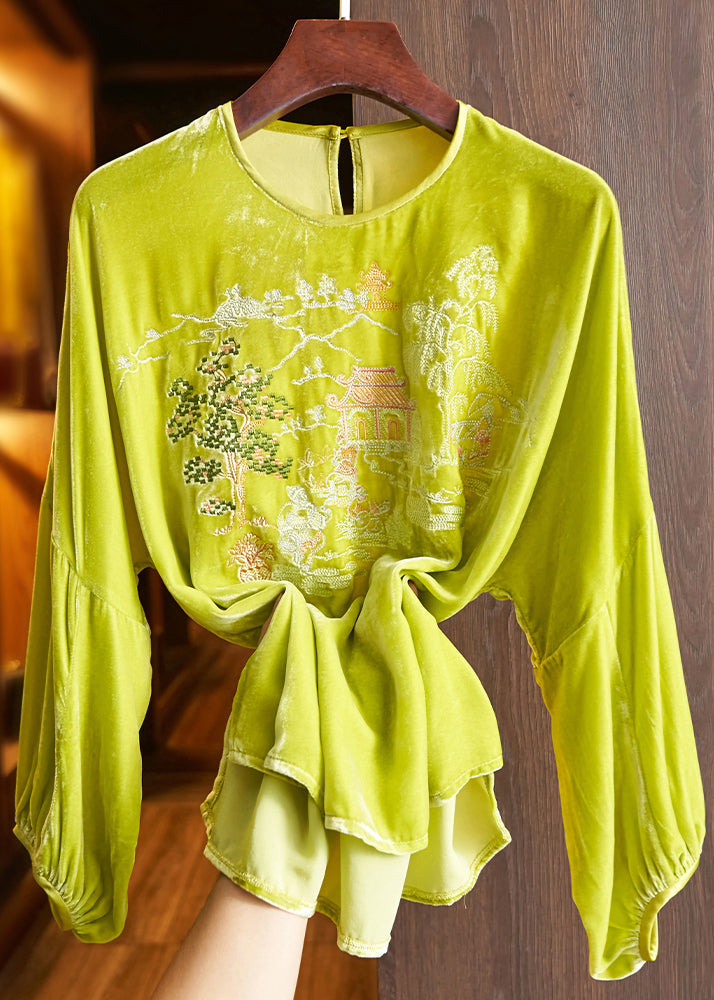 Loose Green O Neck Print Silk Velour Top Long Sleeve Spring