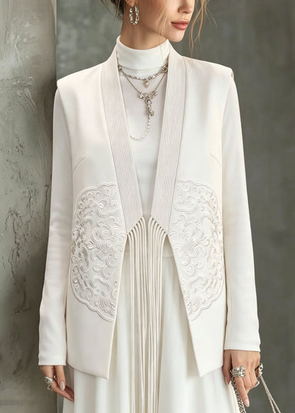 Chinese Style White Embroidered Tassel Cotton Vest Fall