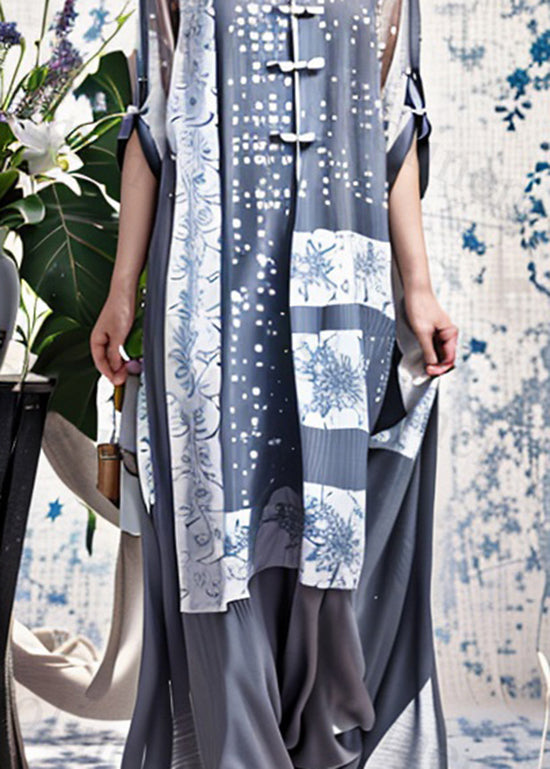 Blue Print Chinese Button Silk Long Dresses Summer