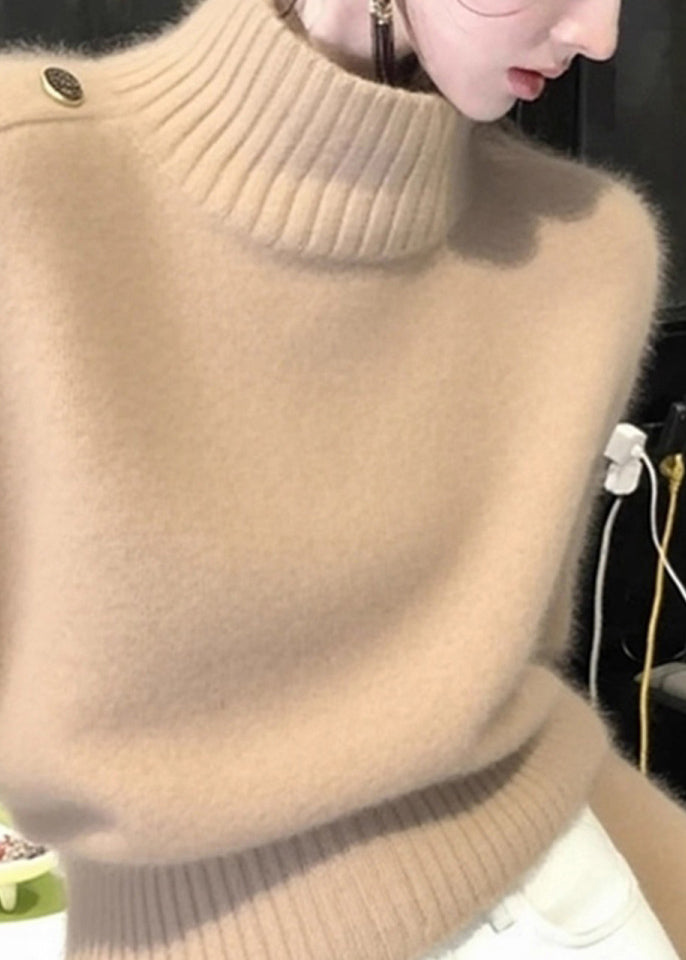 Khaki Turtleneck Cozy Knit Sweaters Winter