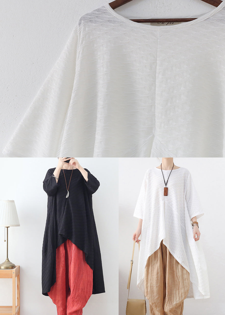 Black Loose Cotton Shirt Tops Low High Hesign Three Quarter Sleeve