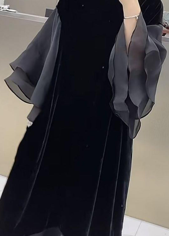 Black O-neck Patchwork Silk Velour Maxi Dress Butterfly Sleeve