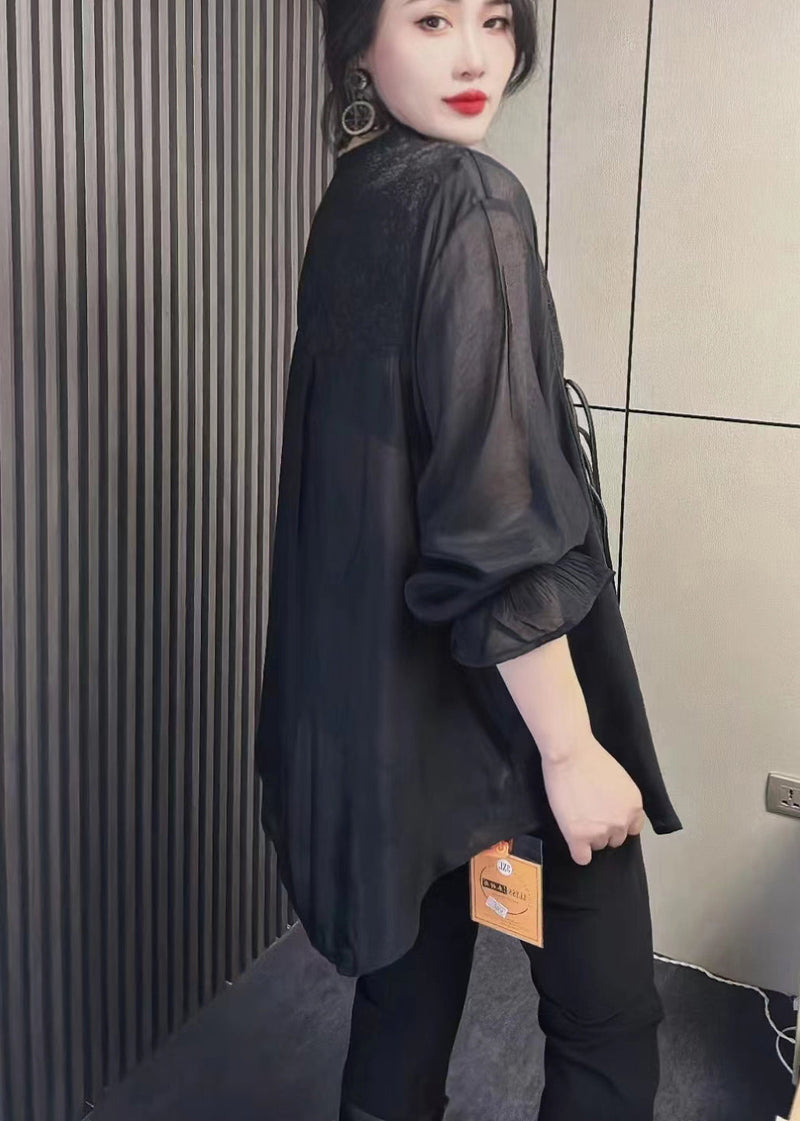 Simple Black V Neck Chiffon Shirts Fall