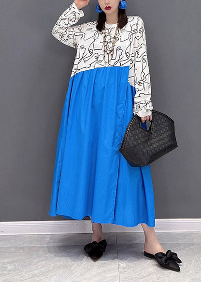 Colorblock O-neck Print Patchwork Holiday Dress Long Sleeve