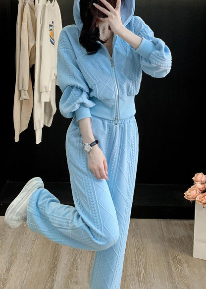 Blue Hooded Zippered Pockets Cotton Two Pieces Set Long Sleeve