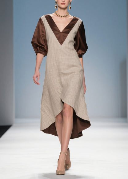 Colorblock Low High Design Patchwork Linen Silk Dress Summer