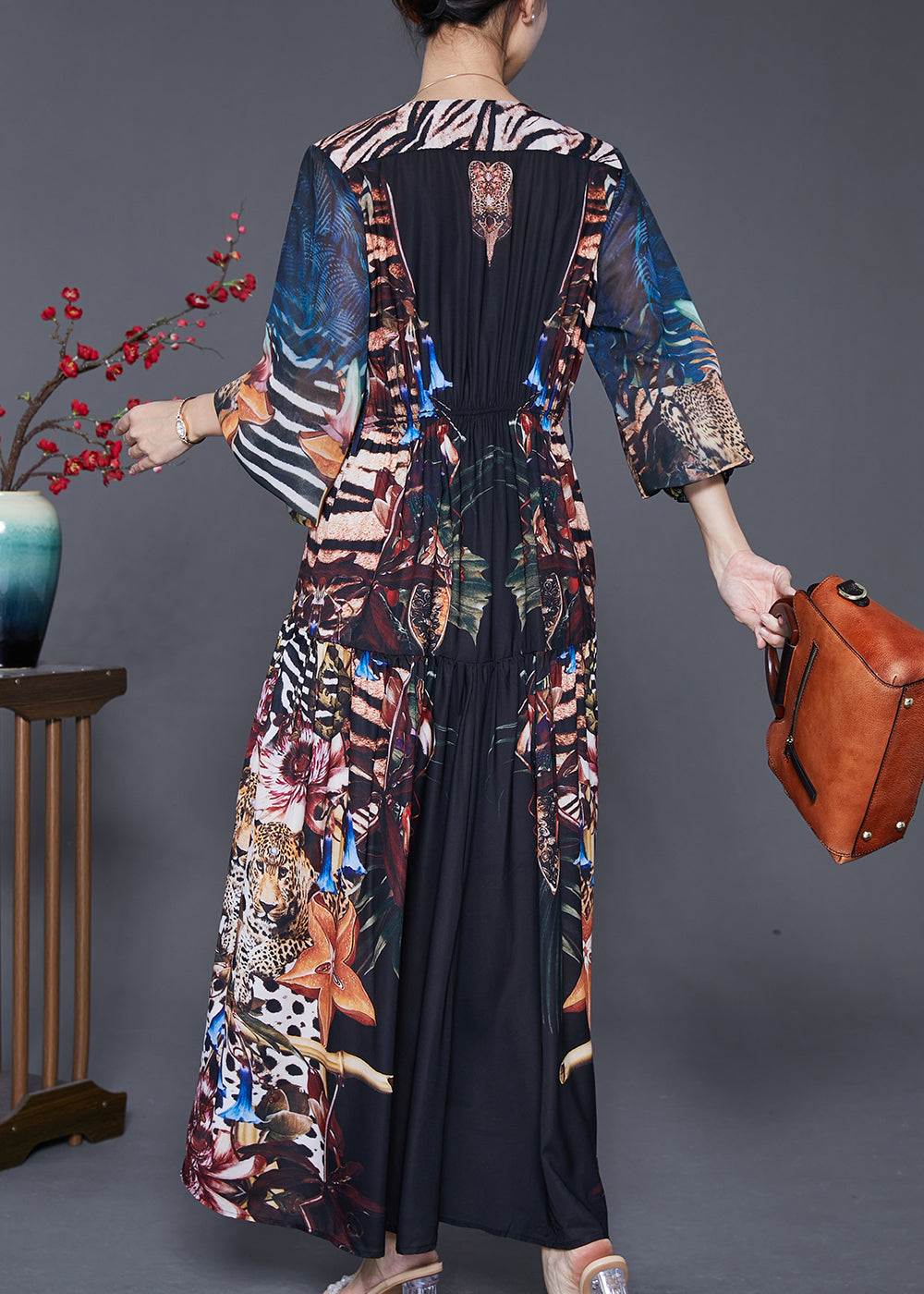 Black V Neck Print Exra Large Hem Chiffon Maxi Dresses Fall