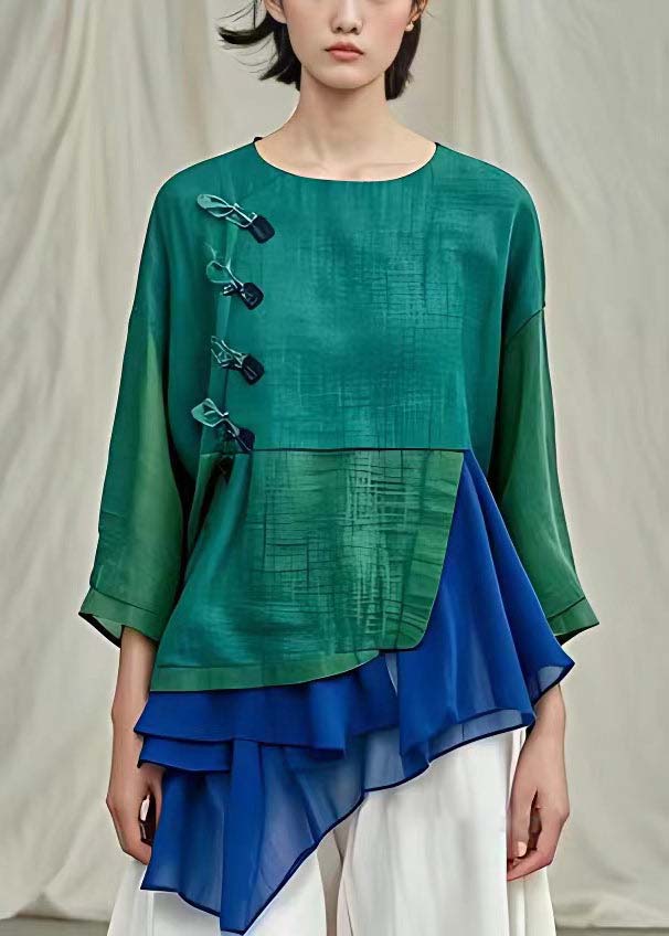 New Green O Neck Patchwork Cotton Tops Bracelet Sleeve
