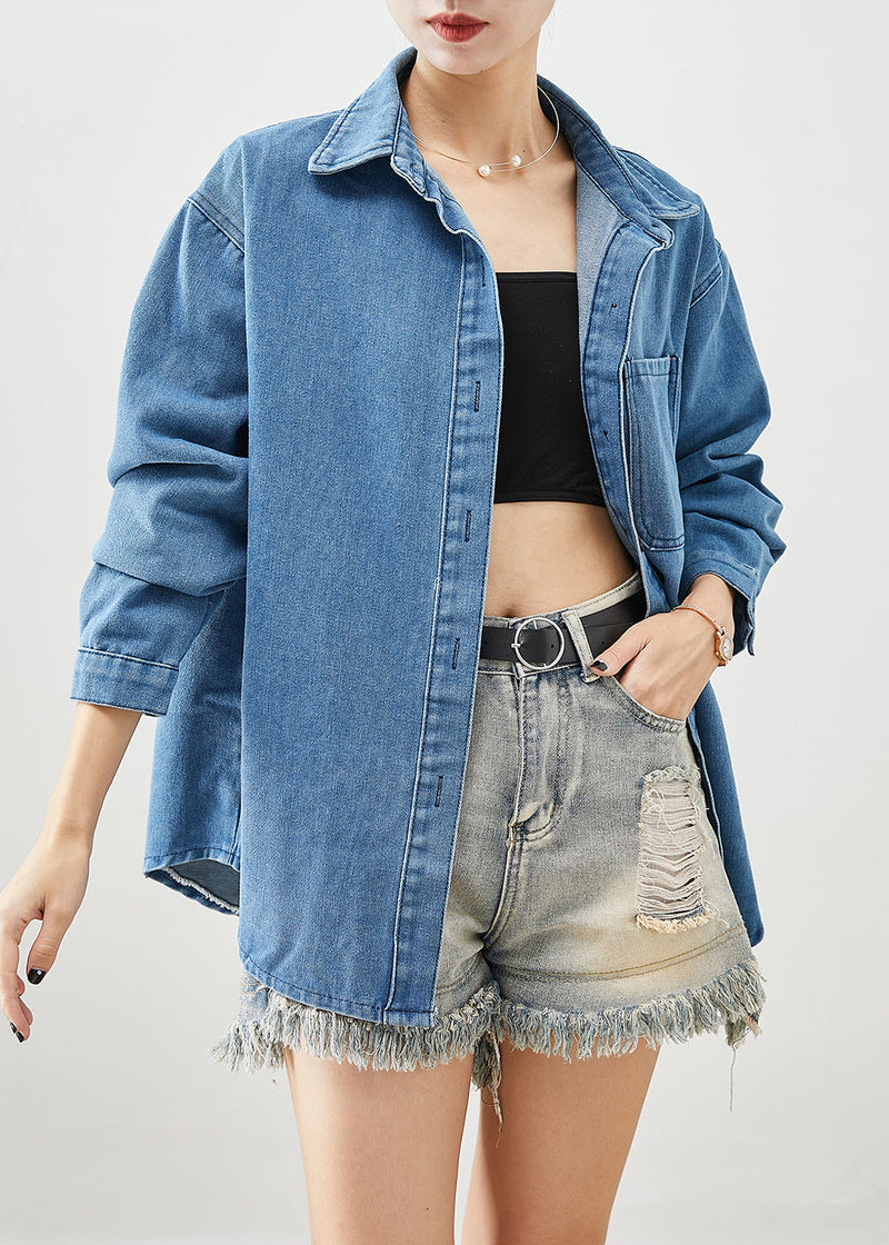 Classy Blue Oversized Pocket Denim Shirt Fall