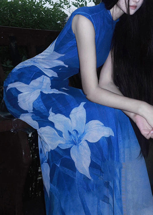Blue O-neck Print Tulle Maxi Dresses Sleeveless