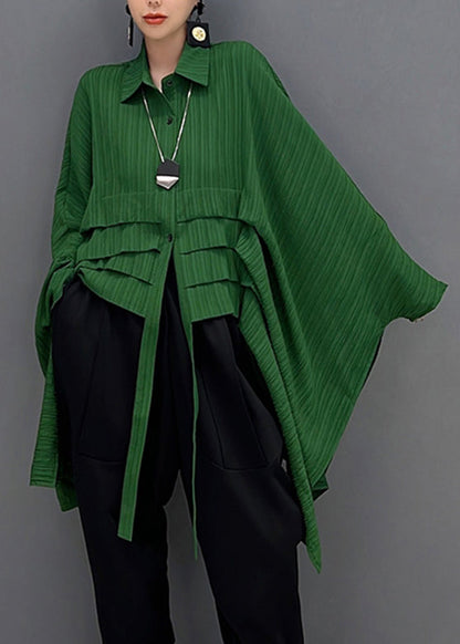 Green Peter Pan Collar Asymmetrical Low High Design Button Shirt Long Sleeve