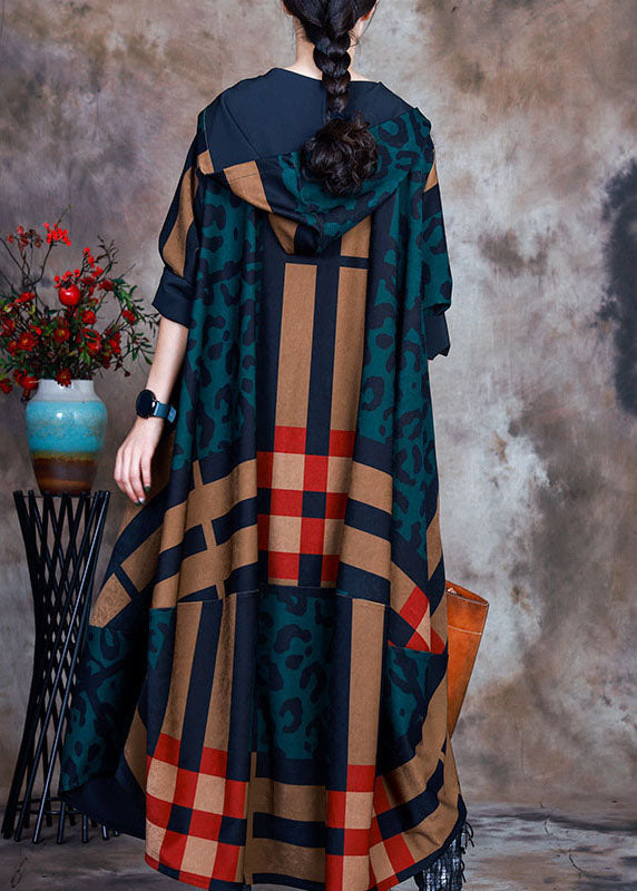 Green Patchwork Plaid Button Print Asymmetrical Design Fall Coat