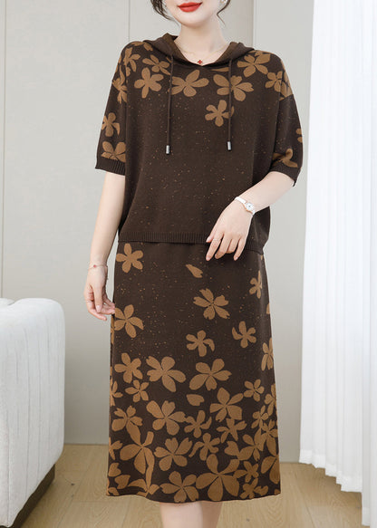 Coffee Jacquard Hooded Patchwork Knit Two Pieces Set Fall