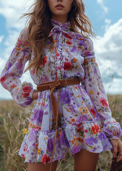 Pastoral Style Ruffled Patchwork Mini Dress Long Sleeved
