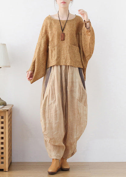 Khaki Linen Loose Pullover Sweatshirt Batwing Sleeve