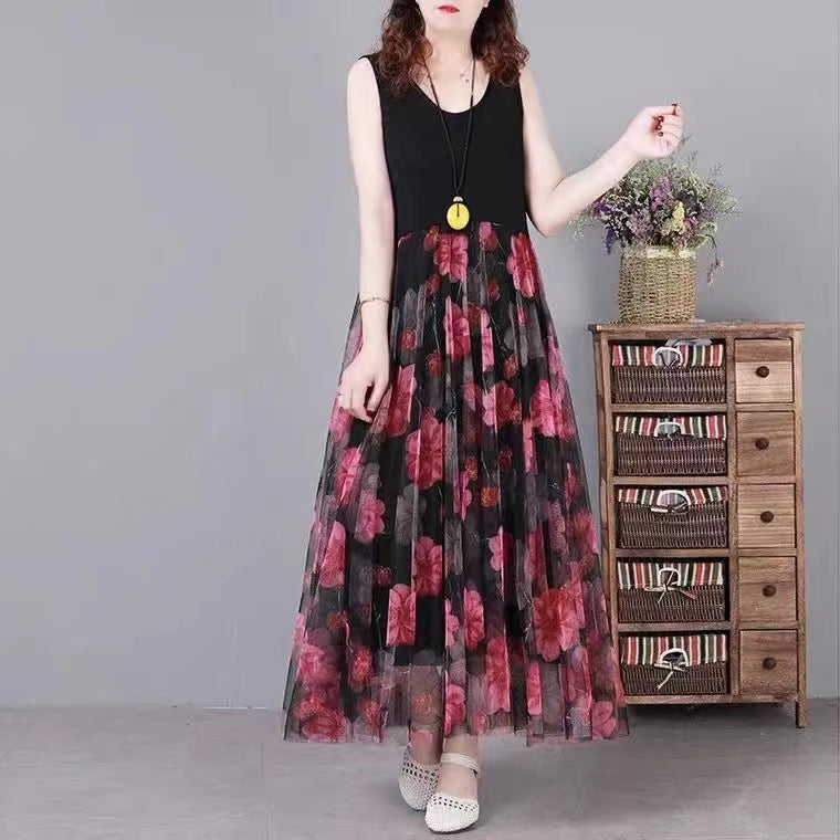 Black Print Patchwork Lace Summer Party Dress