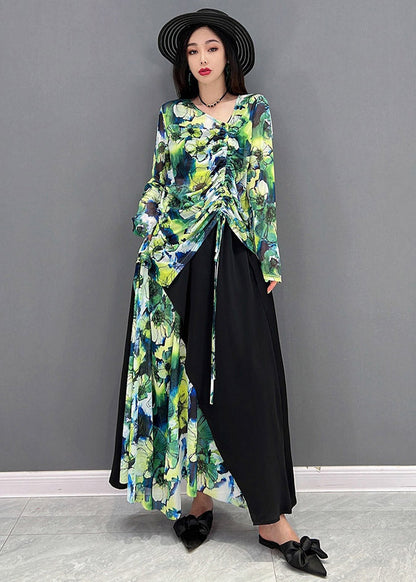 Natural Green V Neck Print Top and Maxi Skirts Two Pieces Set Summer