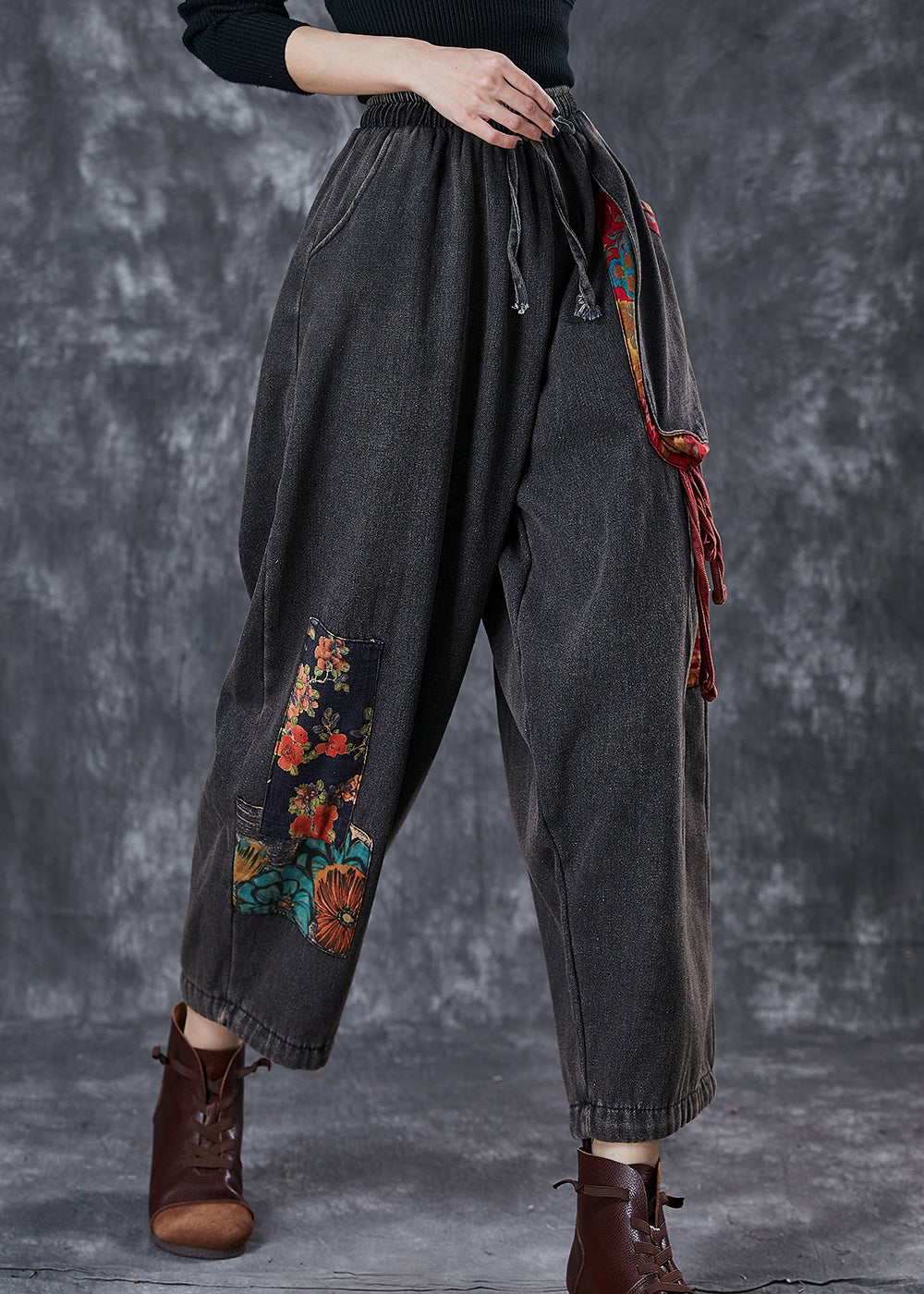 Black Oversized Patchwork Applique Denim Pants Summer