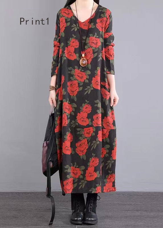 V Neck Print Patchwork Cotton Long Dresses Fall