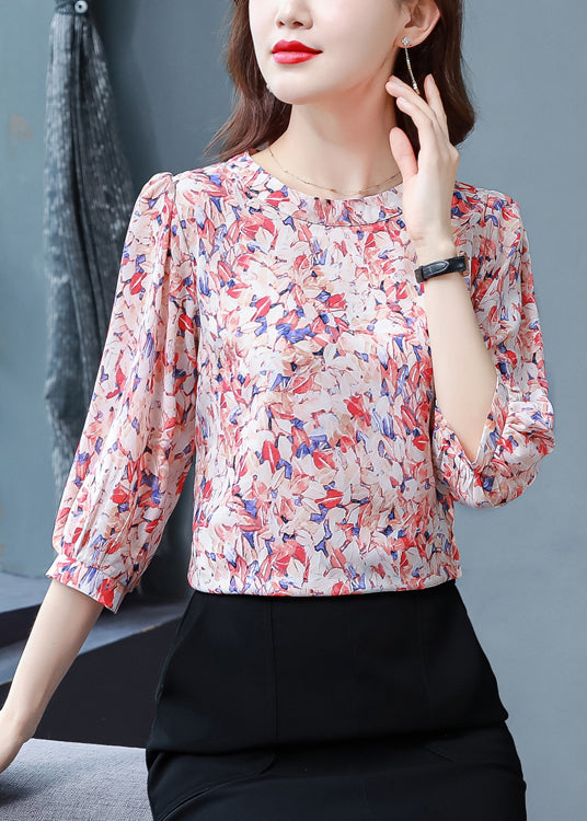 Classy Red O-neck Print Chiffon Shirt Tops Half Sleeve