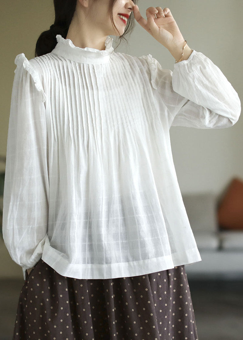 French White Ruffled Patchwork Cotton Shirt Top Long Sleeve Fall