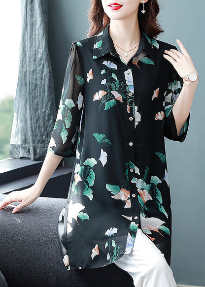 Black Button Peter Pan Collar Print Long Chiffon Shirt Tops Half Sleeve