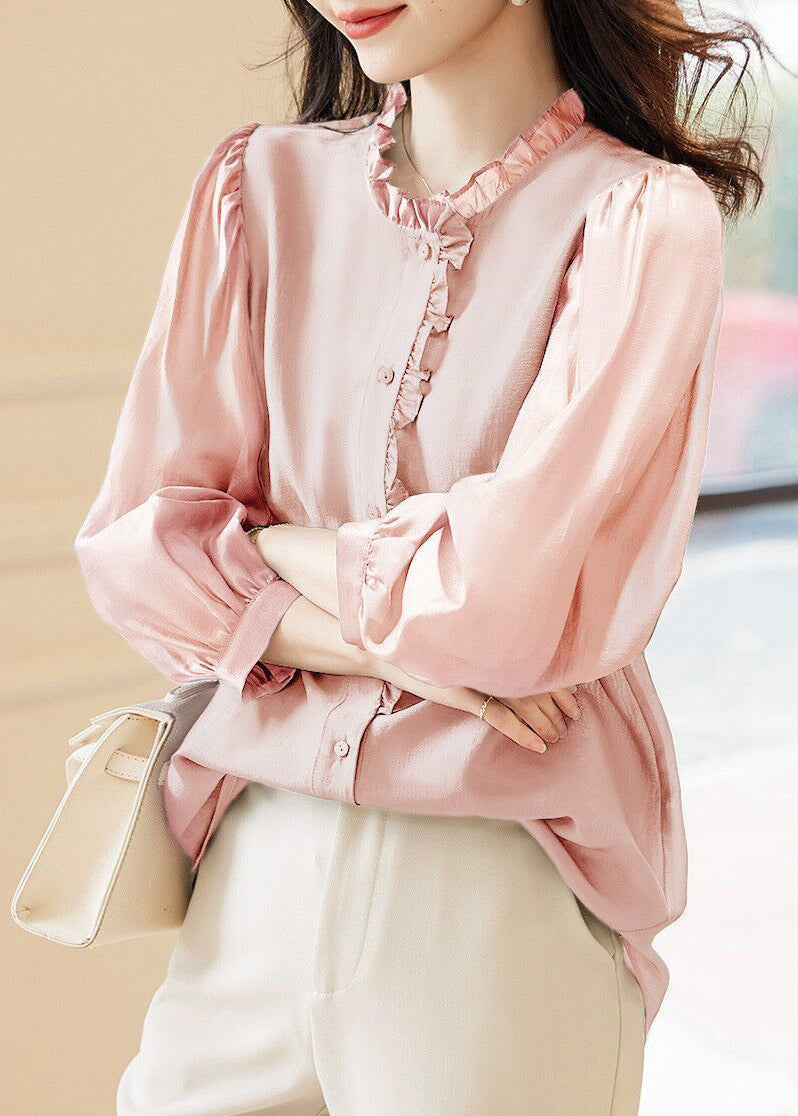 New Pink O-neck Ruffled Button Chiffon Tops Spring