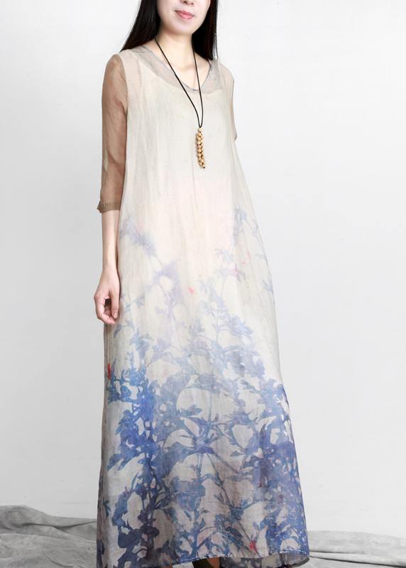Unique Blue Print Half Sleeve Patchwork Vacation Linen Dresses