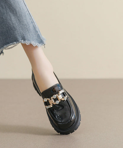 Black Zircon Platform Faux Leather Splicing Loafers