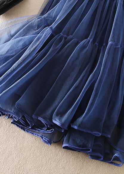 French Blue Wrinkled Patchwork Tulle Skirts Spring