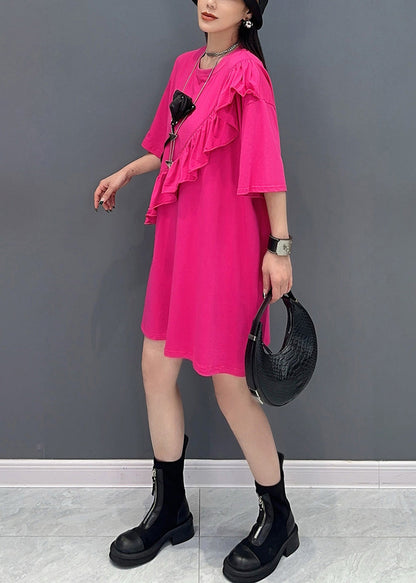 New Rose O-neck Ruffled Patchwork Tops Short Sleeve