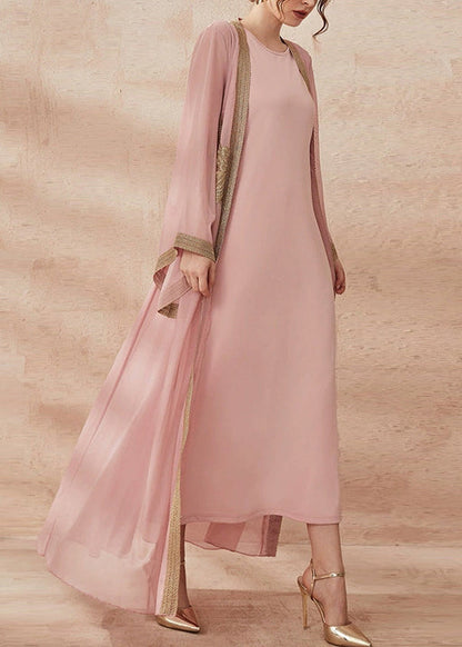 New Pink Tie Waist Chiffon Two Pieces Set Flare Sleeve