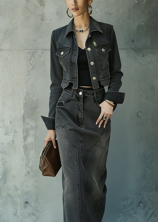 Fine Peter Pan Collar Coat and Skirts Denim Two Piece Set Spring