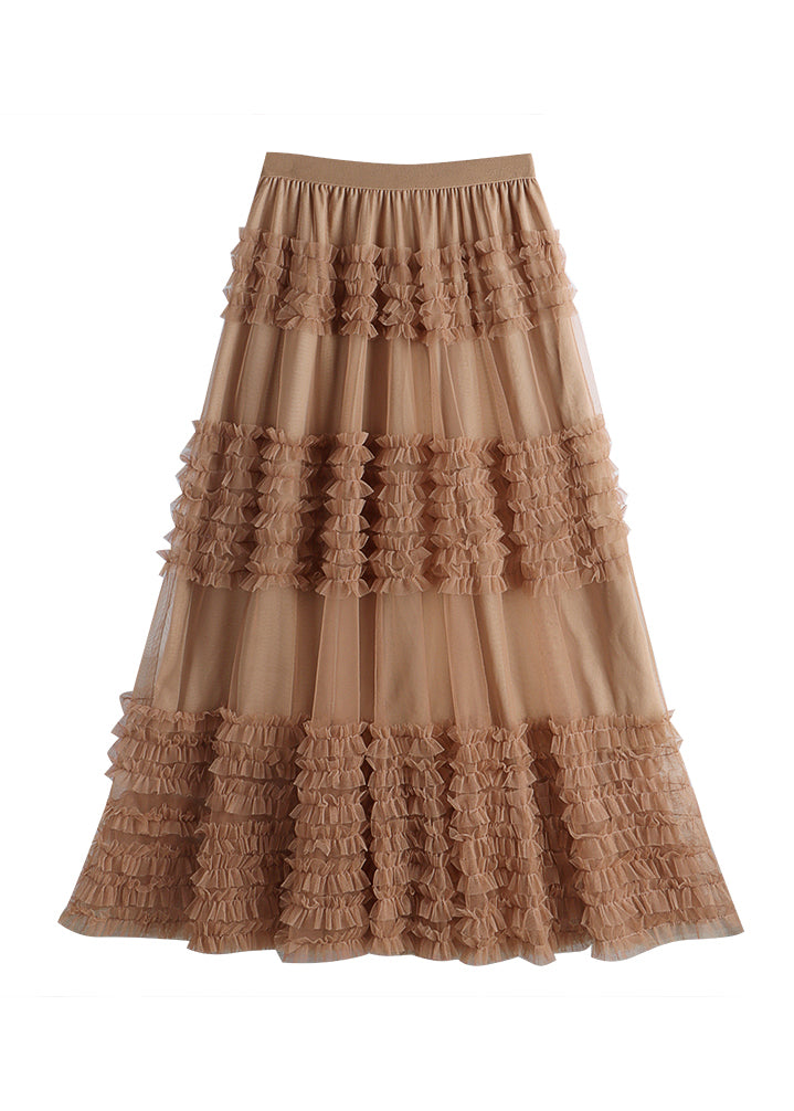 Ruffled Patchwork Elastic Waist Tulle a Line Skirt Spring