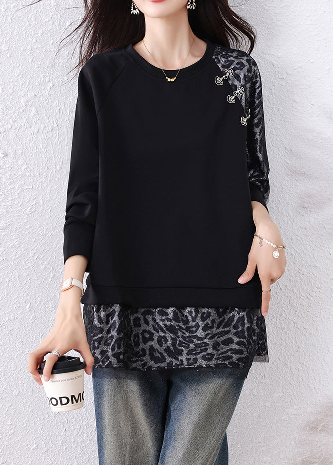 Black Leopard Tulle Patchwork Cotton T Shirts Fall